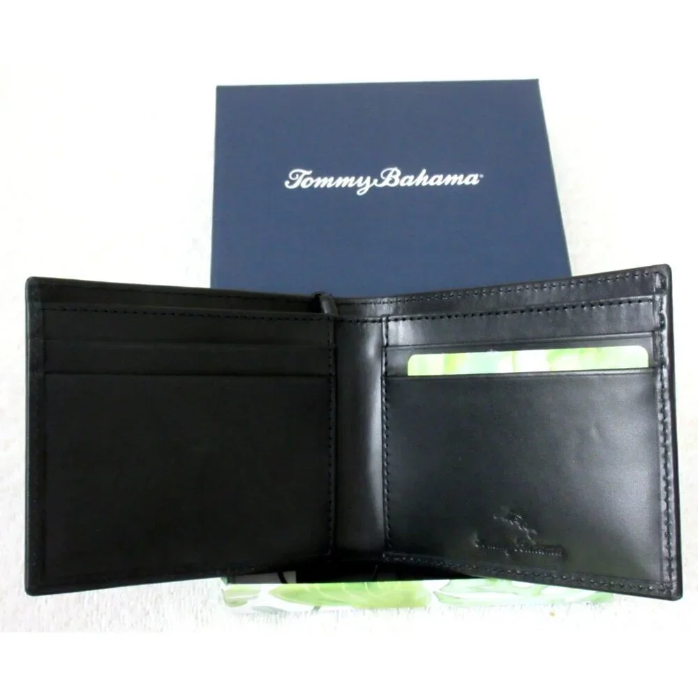 Tommy Bahama Men's Slim Bi Fold Black Genuine Leather Wallet Embossed Marlin NIB